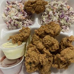 Lunch on a rainy day. Oysters and coleslaw. I Rockport!