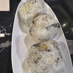 Not the best photo but onigiri - sweet potato, ume, eggplant Not the best photo but onigiri - sweet potato, ume, eggplant