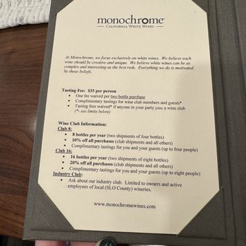 Monochrome Wines - a menu for monochrome wines - Wine Tasting Room Near Me - Paso Robles, California