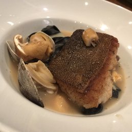 Ling cod with black and white pasta, grilled octopus, Manila clams, matsutake dashi, pickled matsutake mushrooms