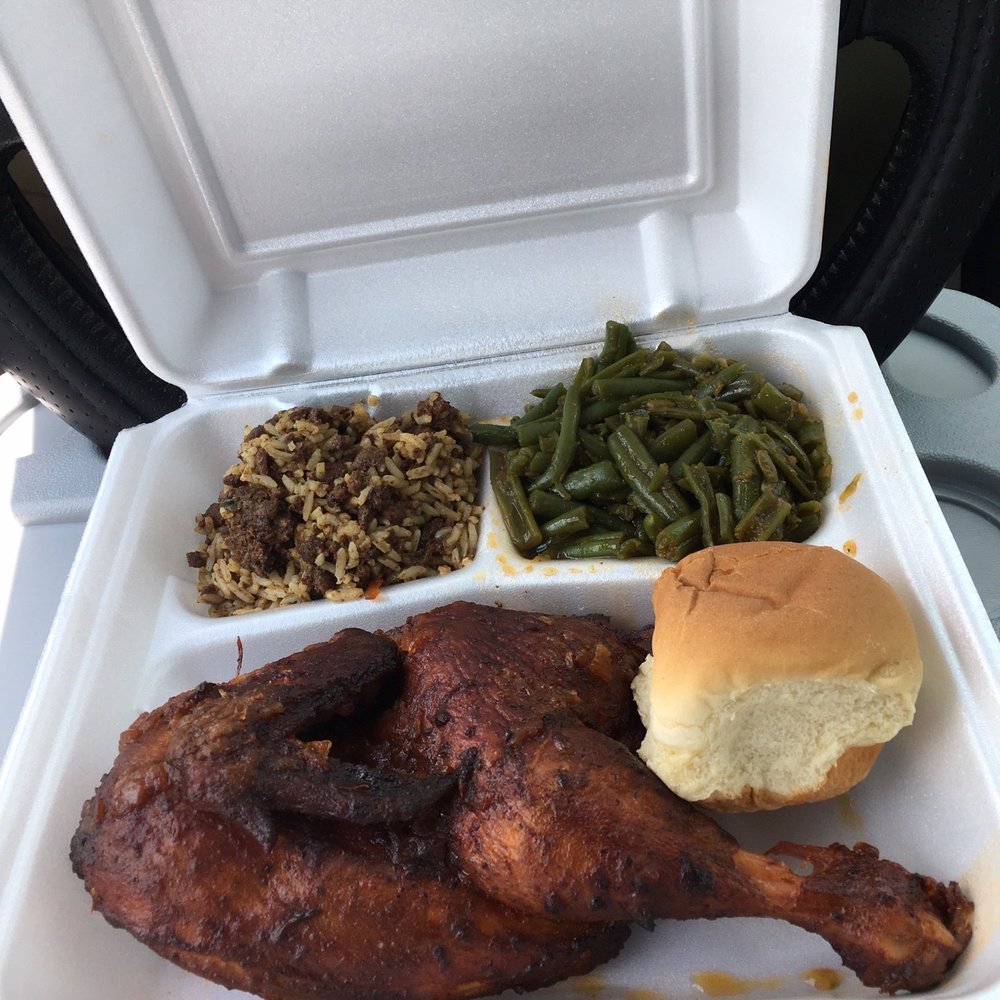 In Laws - Plate lunch: half chicken, dirty rice, green beans, and a dinner roll. - Cajun/Creole Near Me - Iowa, Louisiana