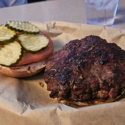 The Pickle Nickel - 50-50 Burger with lettuce, tomato, pickle, and mayo.