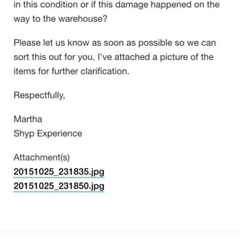 Shyp - Email from Shyp informing my candelabra has been broken. I uploaded a pic of my candelabra for pickup clearly showing it intact. - Couriers & Delivery Services Near Me