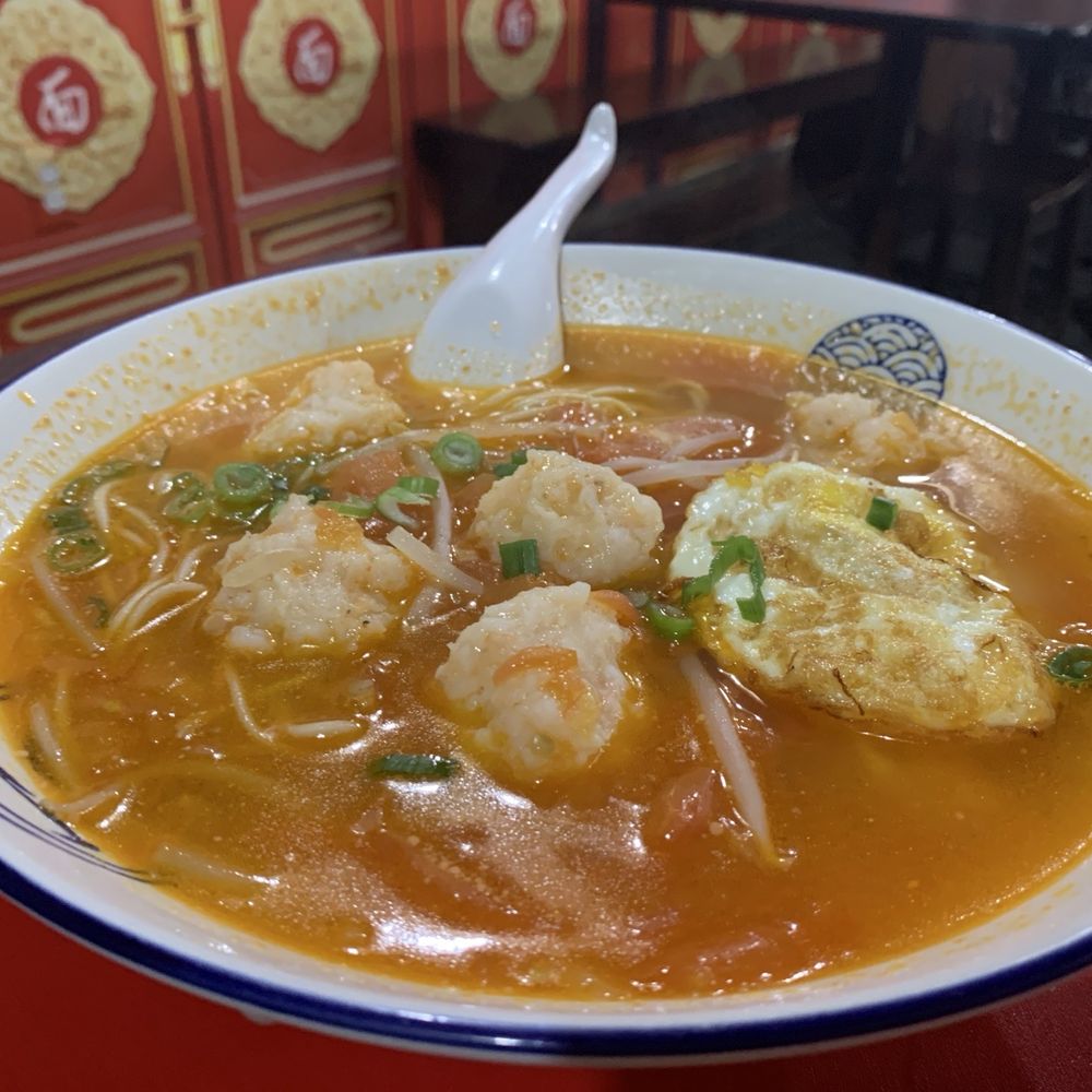 Tomato soup with diced shrimp bowl - super authentic taste! Diced shrimp balls are full of flavor.
