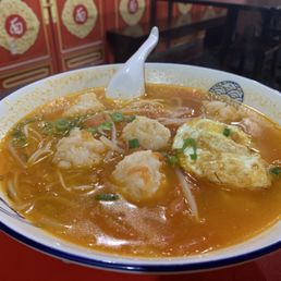 Tomato soup with diced shrimp bowl - super authentic taste! Diced shrimp balls are full of flavor.
