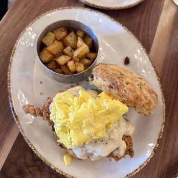 Haywire - Chicken fried chicken & egg biscuit ($15.95) - New American Near Me - Austin, Texas