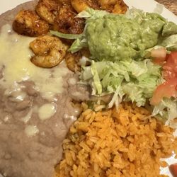 Jalisco Grill Mexican Restaurant - Shrimp a la Diabla, guac, rice, beans and salad.