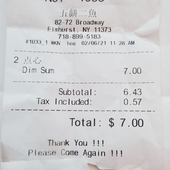 Five Loaves And Two Fishes - My receipt - Dim Sum Near Me - Elmhurst, New York