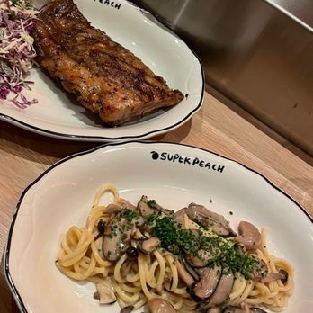 Super Peach - Mushroom noodles and baby back ribs - Cocktail Bars Near Me - Los Angeles, California Super Peach - Mushroom noodles and baby back ribs - Cocktail Bars Near Me - Los Angeles, California