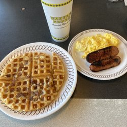 Waffle House - Pecan Waffle, scrambled eggs, Chicken Sausage