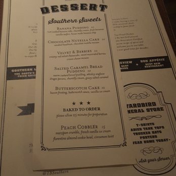 Yardbird - Menu. I couldnt even try dessert because I was so full - Southern Near Me - Las Vegas, Nevada Yardbird - Menu. I couldnt even try dessert because I was so full - Southern Near Me - Las Vegas, Nevada