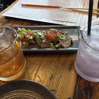 Mizu Izakaya - Happy Hour indeed. The Manhattan on the left and a Margarita on the right with beautiful sushi in the center - Sushi Bars Near Me - Denver, Colorado Mizu Izakaya - Happy Hour indeed. The Manhattan on the left and a Margarita on the right with beautiful sushi in the center - Sushi Bars Near Me - Denver, Colorado