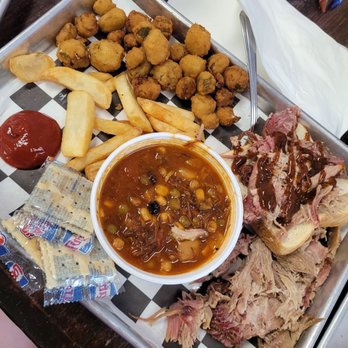 RJ Alverson’s Rib Shack - Pulled pork plate with stake fries, fried okra, and Brunswick stew. - Barbeque Near Me - Albany, Georgia