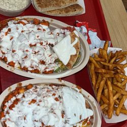NJ Halal Bowls - Chicken platter, French fries, Baba Ghanouj, pitas