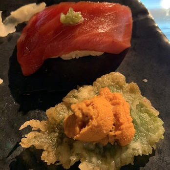 Moon Tree Sushi And Tapas - Tuna and fried shiso leaf with uni - Sushi Bars Near Me - Seattle, Washington Moon Tree Sushi And Tapas - Tuna and fried shiso leaf with uni - Sushi Bars Near Me - Seattle, Washington