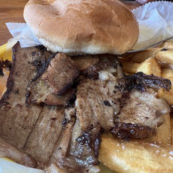 Porky's BBQ - Brisket sandwich (bun removed to show brisket) - Barbeque Near Me - Paoli, Indiana