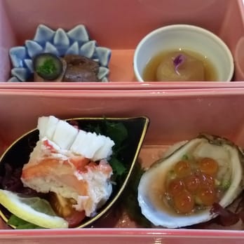 Miku - Clockwise: Foie gras & blueberry, vinegar with daikon, three seaweed sunomono with crab,  Shiny Sea oyster with ikura & mignonette - Japanese Near Me - Toronto, Ontario