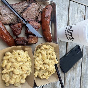 Heim Barbecue - River - 3 meat - brisket, pork burnt ends, Jalapeño cheddar sausage w/ jalapeño Mac & cheese - Barbeque Near Me - Fort Worth, Texas Heim Barbecue - River - 3 meat - brisket, pork burnt ends, Jalapeño cheddar sausage w/ jalapeño Mac & cheese - Barbeque Near Me - Fort Worth, Texas