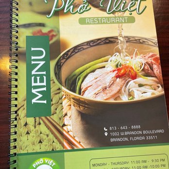 Pho Viet Restaurant - Front of the menu with their hours listed. - Vietnamese Near Me - Brandon, Florida Pho Viet Restaurant - Front of the menu with their hours listed. - Vietnamese Near Me - Brandon, Florida