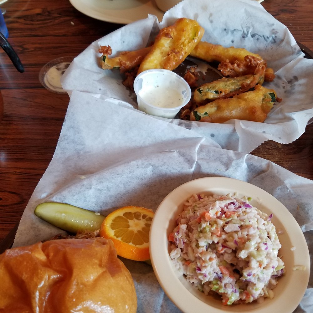 Grumpy Jake's BBQ - Pulled pork sandwich, cole slaw, beans, Zucchini appetizer in the center, ribs in the back - Barbeque Near Me - Pinetop-Lakeside, Arizona Grumpy Jake's BBQ - Pulled pork sandwich, cole slaw, beans, Zucchini appetizer in the center, ribs in the back - Barbeque Near Me - Pinetop-Lakeside, Arizona
