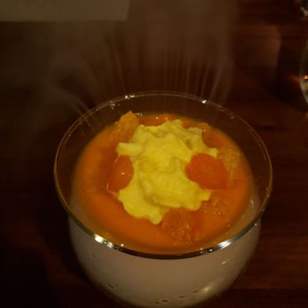 Partage - Carrot Soup topped with kumquats and oranges - French Near Me - Las Vegas, Nevada Partage - Carrot Soup topped with kumquats and oranges - French Near Me - Las Vegas, Nevada