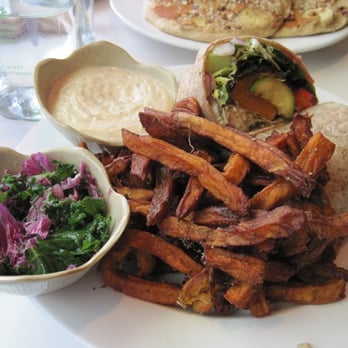 Fresh Kitchen + Juice Bar - Grilled Vegetable and Pesto Burrito and sweet potato fries - Vegan Near Me - Toronto, Ontario