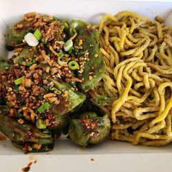 Laguna Niguel Farmer's Market - Vegan Dumplings with Garlic Noodles...owner style. Yummy!