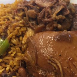 Chicken, beef, arros con gandules, beans Chicken, beef, arros con gandules, beans