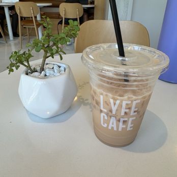 Lyfe Cafe - Chai Latte - A plastic cup of iced coffee with a straw and the 'LYFE CAFE' logo is on a table next to a small potted plant with green leaves. - Breakfast & Brunch Near Me - Westport, Connecticut