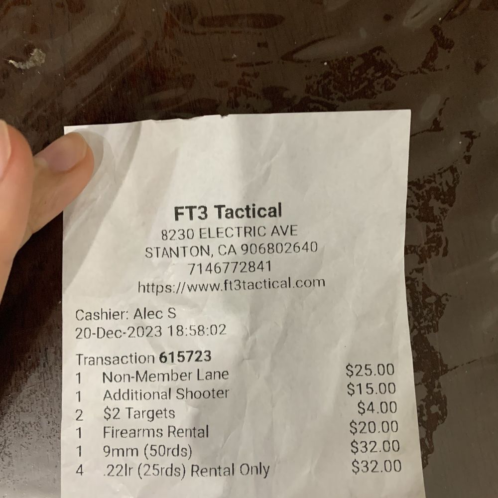 FT3 Tactical - Receipt - Gun/Rifle Ranges Near Me - Stanton, California