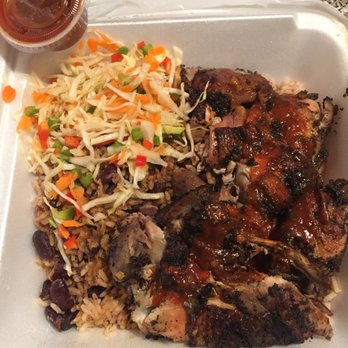 Jus Jerk - Large Jerk Chicken meal w/ rice & peas and cabbage ($11) - Extra Jerk sauce on the side! - Caribbean Near Me - Mount Vernon, New York