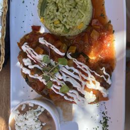 Chile relleno, with the rice and beans