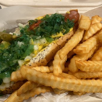 Uncle Franky's - Chicago dog loaded w/ peppers, relish, pickle, onion and mustard - very good, filling and messy! Small side of crinkle cut fries - Hot Dogs Near Me - Minneapolis, Minnesota Uncle Franky's - Chicago dog loaded w/ peppers, relish, pickle, onion and mustard - very good, filling and messy! Small side of crinkle cut fries - Hot Dogs Near Me - Minneapolis, Minnesota