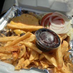 Mama Ts - Smoked brisket burger and fries special.