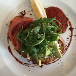 Souk Kitchen - Home cured salmon, feta, rocket and avocado in sour dough with Harissa chilli sauce - divine!