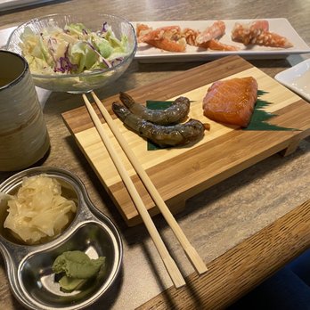 Tokyo Sushi - Shrimp, Salmon, Crab Sticks, House Salad, and Hot Green Tea. All fresh and delicious. - Japanese Near Me - Folsom, California Tokyo Sushi - Shrimp, Salmon, Crab Sticks, House Salad, and Hot Green Tea. All fresh and delicious. - Japanese Near Me - Folsom, California