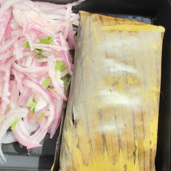 El Pollo Peruano - Tamal and onions  Tamal has no price listing and this is the combo/meal. No drink or rice and now beans or anything. - Peruvian Near Me - Carson, California