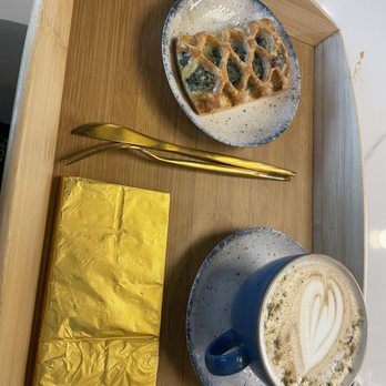 Mustafa Coffee House - Pistachio Latte, spinach pastry, Dubai chocolate bar - Coffee & Tea Near Me - Hoffman Estates, Illinois
