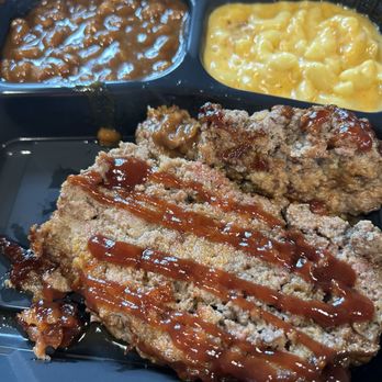 Frans Meat Plus Three - Bacon-wrapped meatloaf, baked beans, mac. Other side in separate container. - Soul Food Near Me - Columbus, Ohio
