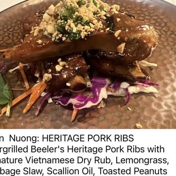 Le Colonial - Naples - Soon Nuong: HERITAGE PORK RIBS: Good but I'd get the CHILLED SHRIMP ROLL instead.  Ask for extra peanut sauce, will need it. - French Near Me - Naples, Florida