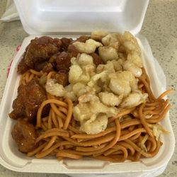 Panda Wok - Combo B - chow mein, orange chicken and sweet walnut shrimp - pretty good!!! :)