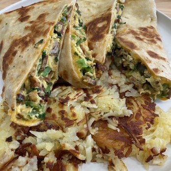 The Breeze Cafe - Breakfast Quesadilla (no onions) with hashbrowns. - Breakfast & Brunch Near Me - Newark, California The Breeze Cafe - Breakfast Quesadilla (no onions) with hashbrowns. - Breakfast & Brunch Near Me - Newark, California