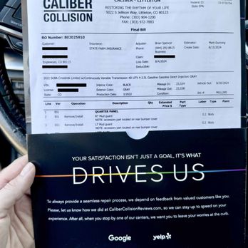 Caliber Collision - My receipt with itemized repairs and dates. - Body Shops Near Me - Littleton, Colorado