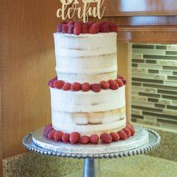 Two-Tier 'Naked' Vanilla Cake with Raspberry Custard Filling Layered with White Buttercream Frosting & Raspberry Decor - SUPER DELICIOUS!