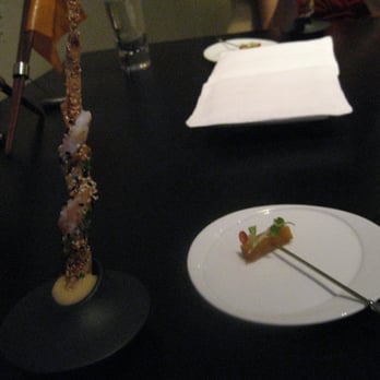 Alinea - asian inspired: shrimp wrapped around soy milk skin and miso sauce - New American Near Me - Chicago, Illinois