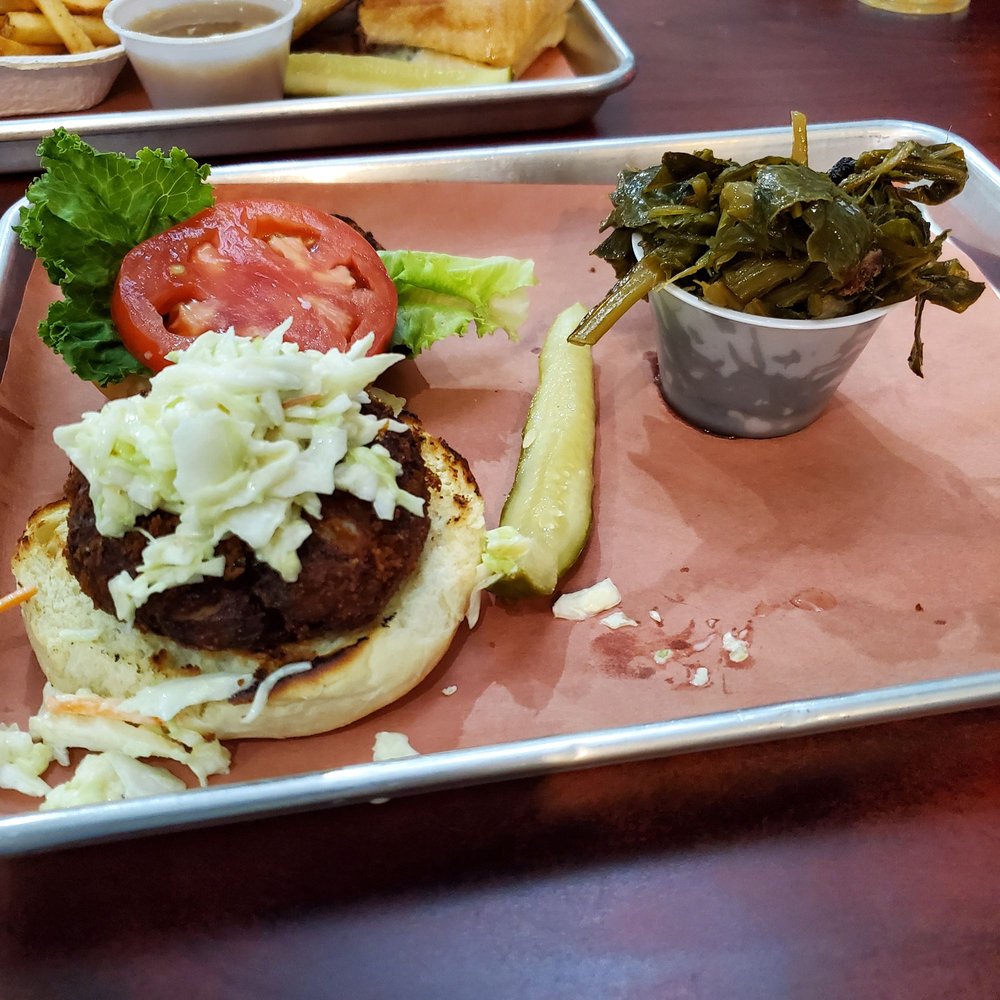 Two Drummers Smokehouse - Crabby Patty. Collards - Barbeque Near Me - Toano, Virginia Two Drummers Smokehouse - Crabby Patty. Collards - Barbeque Near Me - Toano, Virginia