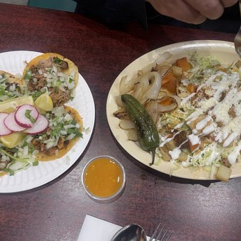 Tacos La Madrina - Tacos and Papa Tacos Plate, fully loaded! That salsa tho - Mexican Near Me - Hesperia, California Tacos La Madrina - Tacos and Papa Tacos Plate, fully loaded! That salsa tho - Mexican Near Me - Hesperia, California