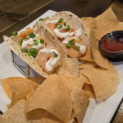 Hibernia Pub - Grilled Shrimp Tacos served with chips and salsa. Good sized shrimp and tasty