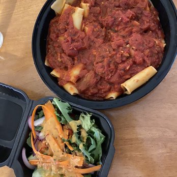 Di Lisio's - Pacheri with chunky tomato garlic sauce and house salad - Italian Near Me - Winston-Salem, North Carolina