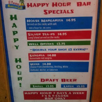 El Paraiso Mexican Grill - Happy Hour drink menu. - Mexican Near Me - Everett, Washington